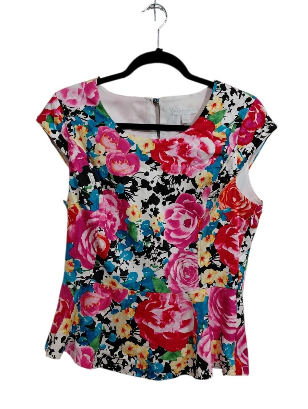New York & Company Pink Multi Floral Peplum Blouse